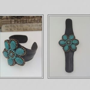 Handcrafted Turquoise and beaded bending leather cuff bracelet